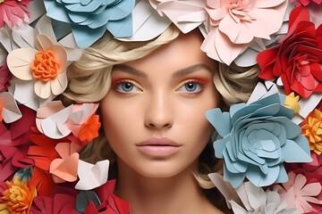 Abstract background of a Surreal portrait of a beautiful woman with colorful paper flowers around...