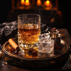 glass of scotch whiskey with cigar 
