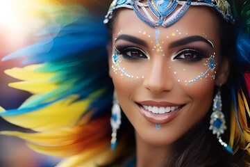Portrait of a beautiful woman wearing a colorful traditional brazilian carnival costume with feathers. Brazilian Carnival - obrazy, fototapety, plakaty