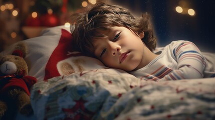 A boy slept peacefully in bed on a holiday night - obrazy, fototapety, plakaty