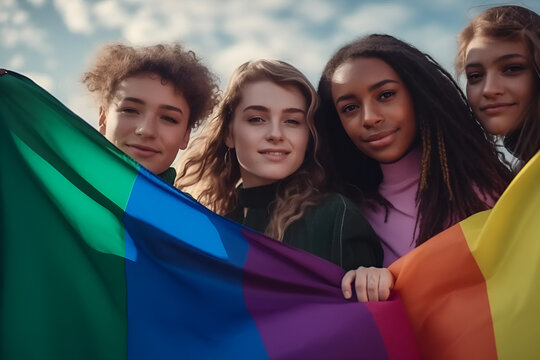 Diverse group of young lgbtq+ people together holding a pride rainbow flag