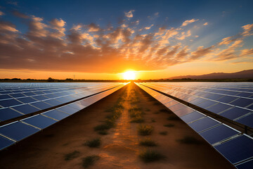 A serene solar farm at sunset, where rows of photovoltaic panels harness renewable energy, against a backdrop of a vibrant sky, illustrating sustainable power solutions.