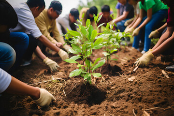 Volunteers planting young trees in soil, nurturing environmental future, teamwork in nature conservation, eco-friendly community action. - obrazy, fototapety, plakaty
