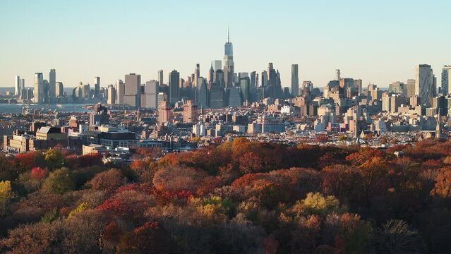Aerial view of The New York City skyline on an autumn afternoon.