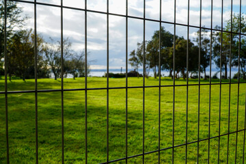 View of a metal fence with a meadow and trees in the background.