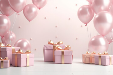 Pink and Golden Balloons, Gift Boxes: Pastel Glossy Composition with Elegant Empty Space - Created with Advanced AI Techniques