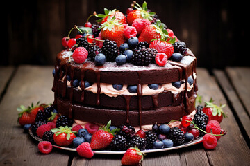 Sumptuous Chocolate Cake Adorned with Fresh Summer Berries - Created with Advanced AI Techniques