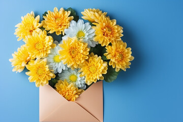 Sunny Elegance: Yellow Chrysanthemums in a Delicate Paper Envelope on a Vibrant Blue Background, Created with Generative AI Tools