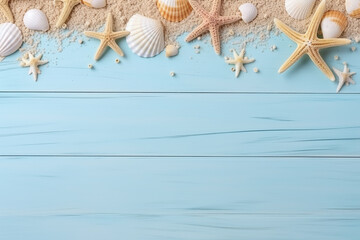 Fototapeta na wymiar Sunny Seashore Vibes: Summer Flat Lay with Beautiful Starfish and Sea Shells on a Colored Table - Created with Advanced AI Techniques