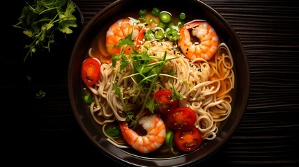 bowl containing soup with shrimps and noodles, in the style of food photography, 16:9