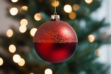 Red Christmas Ball Hanging on Christmas Tree - Festive Ornament Captured with Generative AI Tools