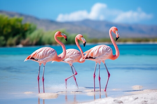 Sunny Day Stroll: Group of Pink African Flamingos Walking Around the Blue Lagoon - Created with Generative AI Tools