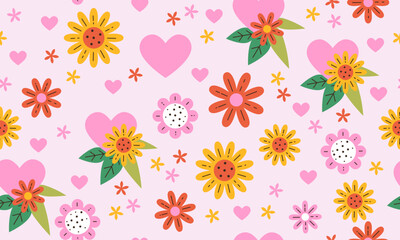Seamless romantic spring vibe pattern with hearts and leaves. Beautiful seamless pattern with hearts, flowers and leaves. Cute print for Valentines day. Seamless pattern with creative decorative art