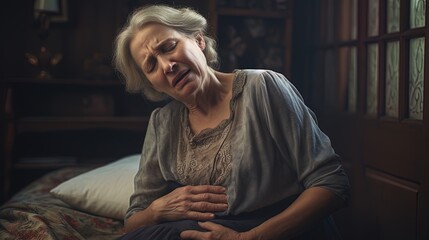 Grandmother clutching her stomach in pain