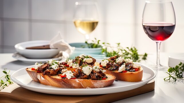 Savory bruschetta with ricotta and mushrooms displayed on a white counter, served alongside a glass