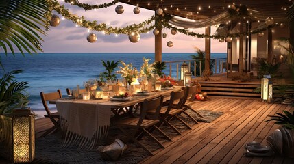 A tasteful and straightforward New Year's party set on a terrace with a tropical beach backdrop