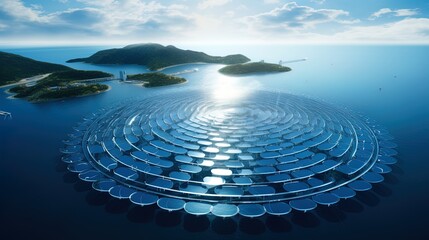 A top view reveals a floating solar park, harnessing energy from the water's surface - obrazy, fototapety, plakaty