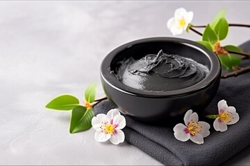 Cosmetic Black Mask Preparation with Spring Flowers on Gray Background - Created with Generative AI Tools