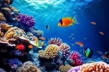 Naklejka na ściany i meble Vibrant Underwater Coral Reef Landscape in the Deep Blue Ocean with Colorful Fish and Marine Life - Created with Generative AI Tools