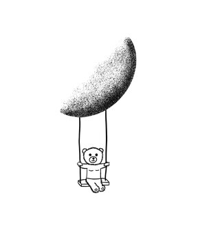 Moonlit Rest - Minimalist Female Bear Relaxing under the Moon in Black and White