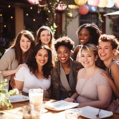 Portrait of a group of smiling young women sitting in a cafe