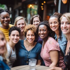 Obraz premium Group of diverse young women having fun together in a pub, smiling