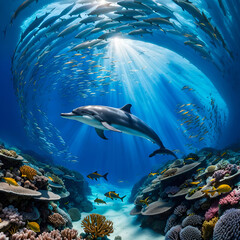 Fototapeta premium A dolphin glides underwater surrounded by tropical fish and corals,