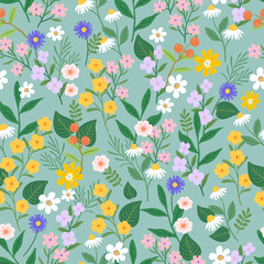 beautiful flowers blooming and growing wild in seamless pattern