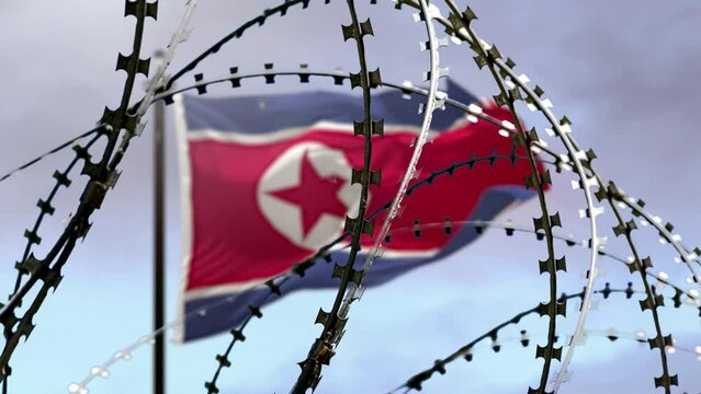 Barbed wire, flag of North Korea in defocus, sky 