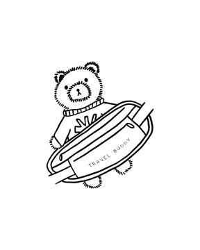Berry the Travel Buddy - Minimalist Male Bear with Attached Memento in Black and White