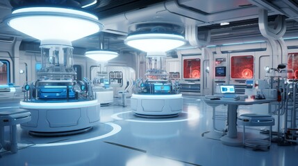 A futuristic laboratory environment with sleek workstations, advanced equipment, and a sterile yet inviting atmosphere.