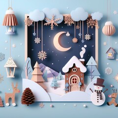 winter decoration postwinter decoration poster in paper cute styleer in paper cute style. Generative AI - 683580392