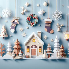 winter decoration postwinter decoration poster in paper cute styleer in paper cute style. Generative AI - 683580515