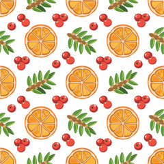Seamless natural pattern. Christmas background with orange circles, fir branches, berries. Vector illustration.