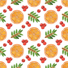 Seamless natural pattern. Christmas background with orange circles, fir branches, berries. Vector illustration.