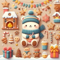 winter decoration postwinter decoration poster in paper cute styleer in paper cute style. Generative AI - 683580717