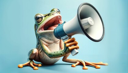 Smiling frog using loudspeaker in wildlife-like commercial shot - pastel backdrop advertising