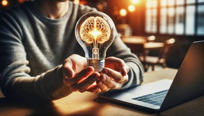 Fotobehang Creative idea, brainstorming and innovation concept with brain light bulb © ibreakstock