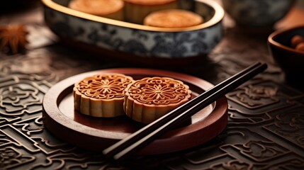 Traditional Chinese mid autumn festival mooncakes served with chopstick