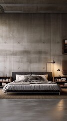A modern industrial bedroom with a steel bed frame and concrete walls.