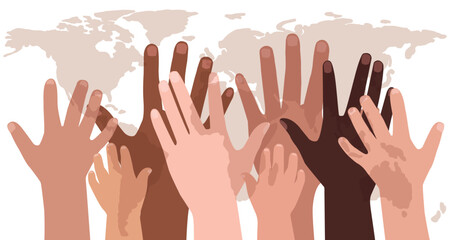 Poster with diverse hands ahead world map. Modern flat vector illustration