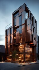A modern industrial-style hotel with a sleek exterior and metal cladding.