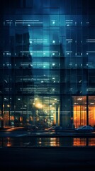 A night shot capturing the beautifully lit glass exterior of an industrial office building in the...