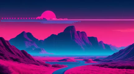 Fotobehang Retro futuristic car against big pink sun. Cyberpunk concept. Synthwave poster. Retro future wallpaper. Vector illustration. Ultra-modern landscape, synthwave city, cyberpunk landscape. © Cobe