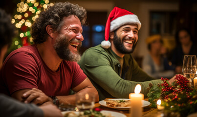 Two friends talking, eating and sincerely laughing during a christmas dinner in the pub. Two men are sitting in a cozy atmosphere and having fun