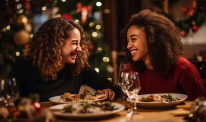 Obraz na płótnie Canvas two multiracial smiling girls look romantically at each other against the background of a cozy festive interior. lesbians in a restaurant, Christmas atmosphere