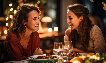 Two women are talking and laughing heartily in a restaurant against the background of a cozy festive interior. Sincere female friendship - Powered by Adobe