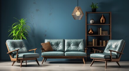 Dark blue sofa and recliner chair in scandinavian apartment. Interior design of modern living room - obrazy, fototapety, plakaty