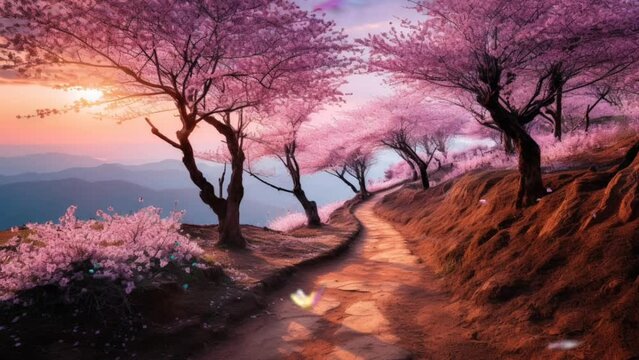 natural scenery of cherry blossom trees. seamless looping time-lapse virtual video animation background. Generated Al