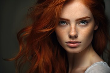 a macro close-up studio fashion portrait of a face of a young redhead woman with perfect skin, red hair and immaculate make-up. Skin beauty and hormonal female health concept - obrazy, fototapety, plakaty